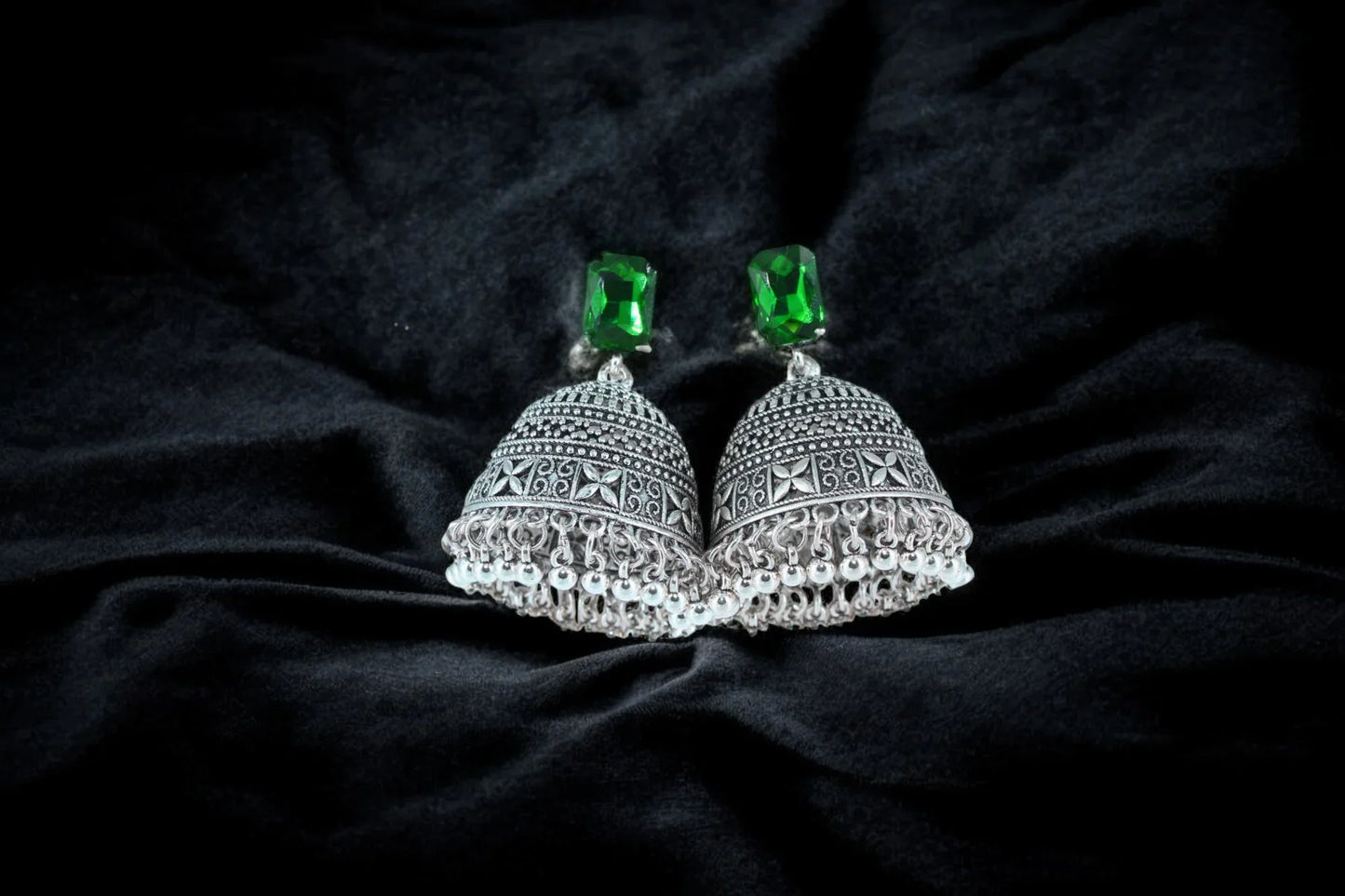 Royal Midnight Jhumka with Deep Green Stones - Amulya Gems