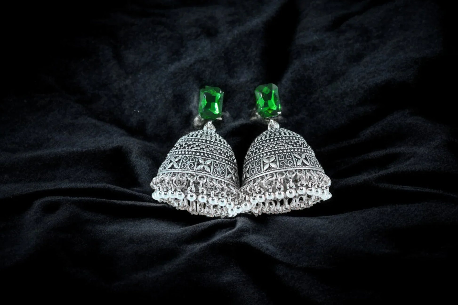 Royal Midnight Jhumka with Deep Green Stones - Amulya Gems