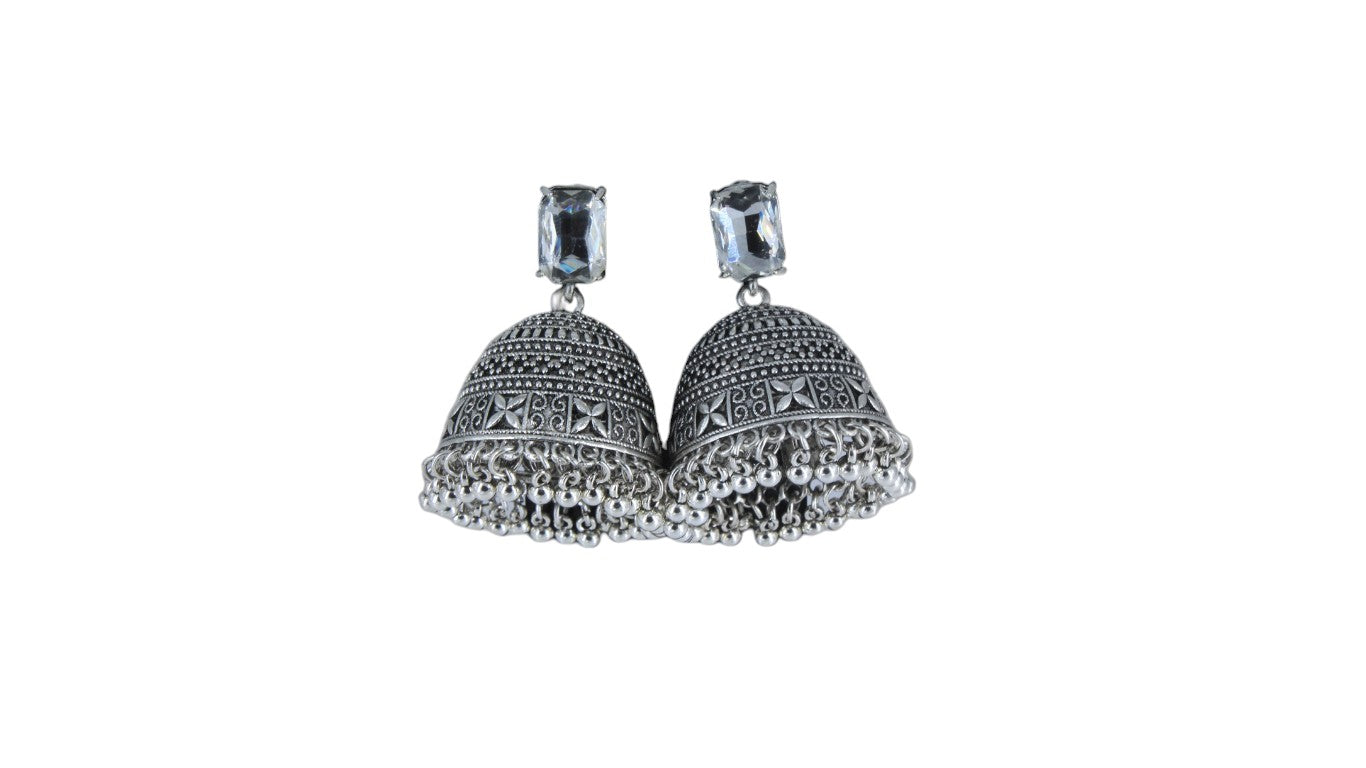 Oxidized Silver Jhumka Earrings with White Stone Stud