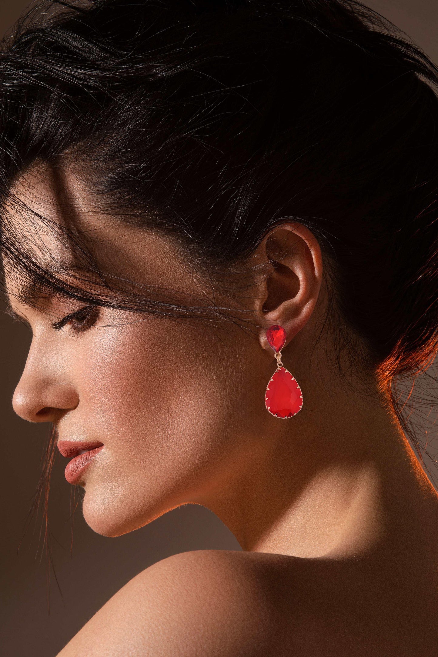 Rose Gold Plated Red Crystal Drop Earrings - Amulya Gems