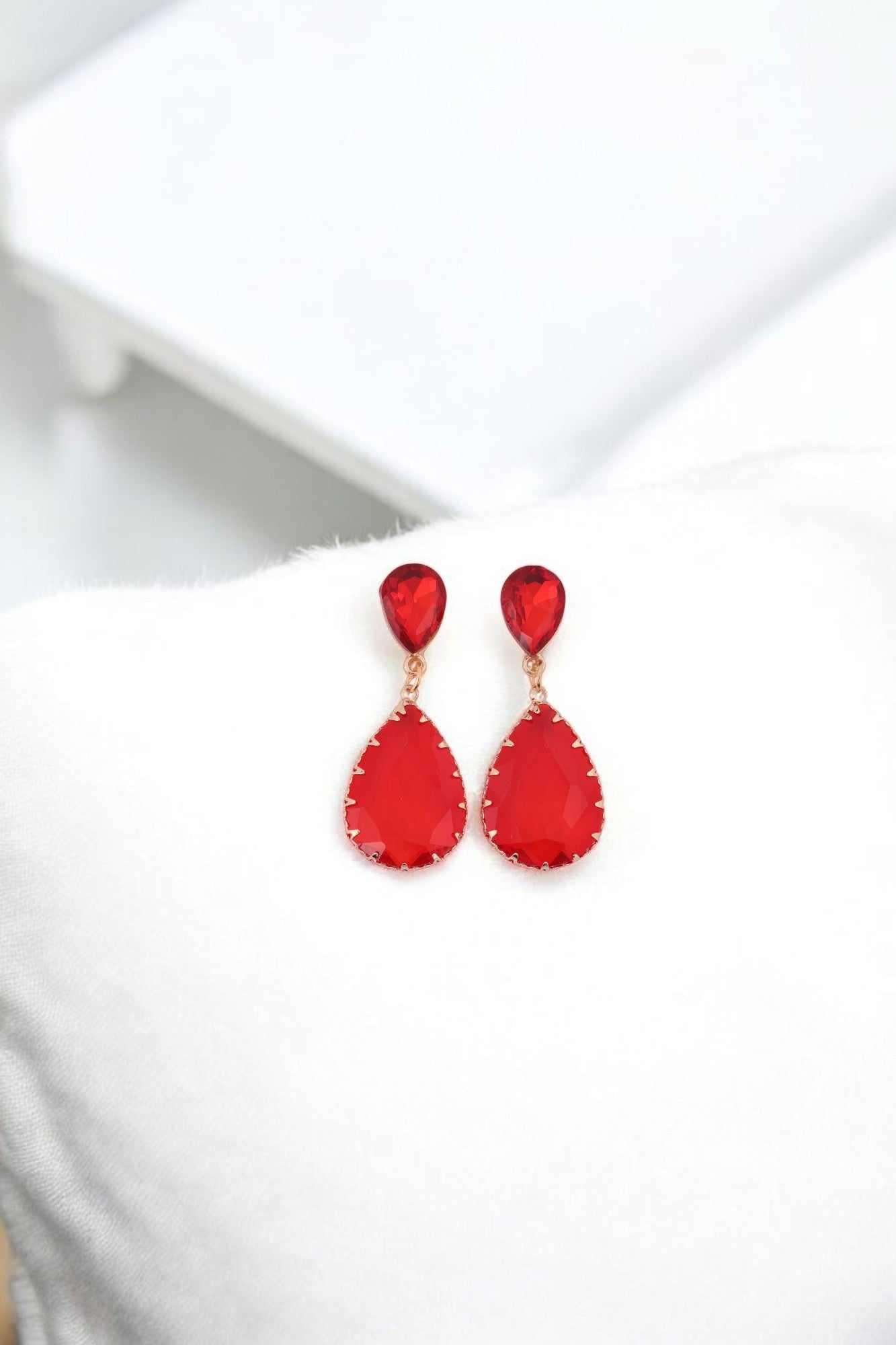 Rose Gold Plated Red Crystal Drop Earrings - Amulya Gems