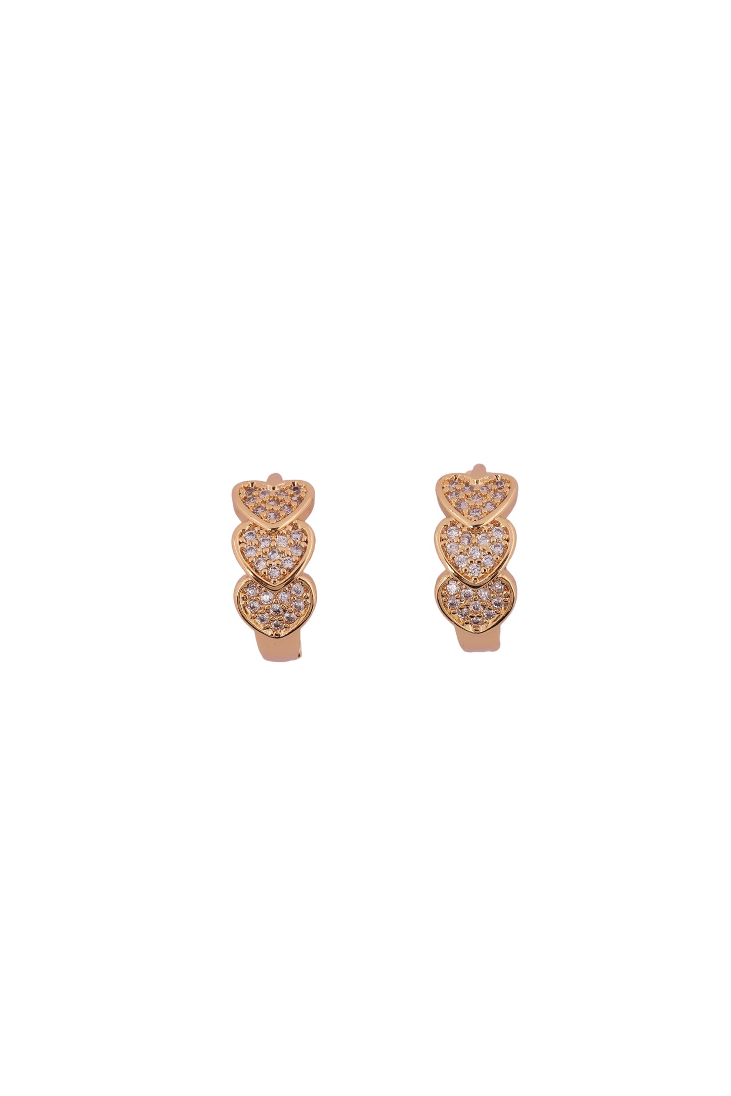 Elegant Gold-Tone Triple Heart Stud Earrings with Crystal Detailing - Amulya Gems