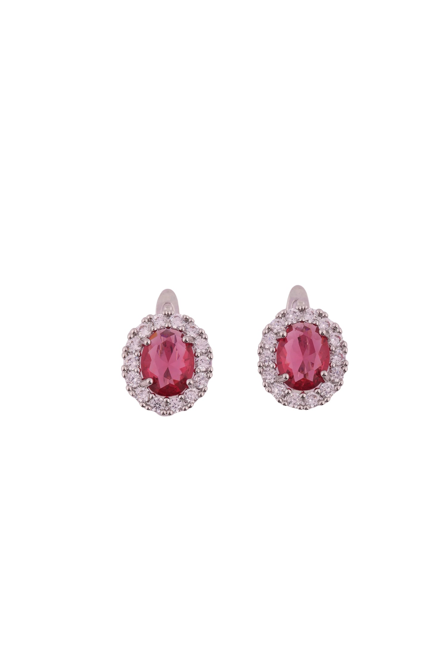 Elegant Oval Ruby Red Stone Earrings with Crystal Halo - Amulya Gems