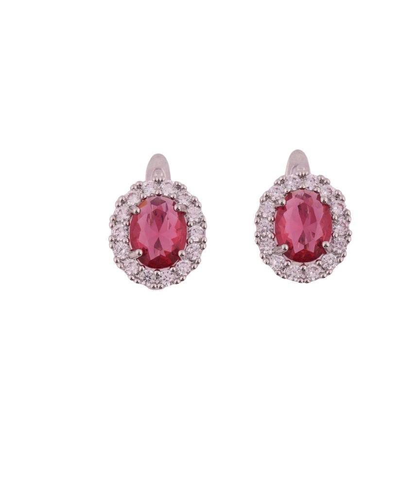 Elegant Oval Ruby Red Stone Earrings with Crystal Halo