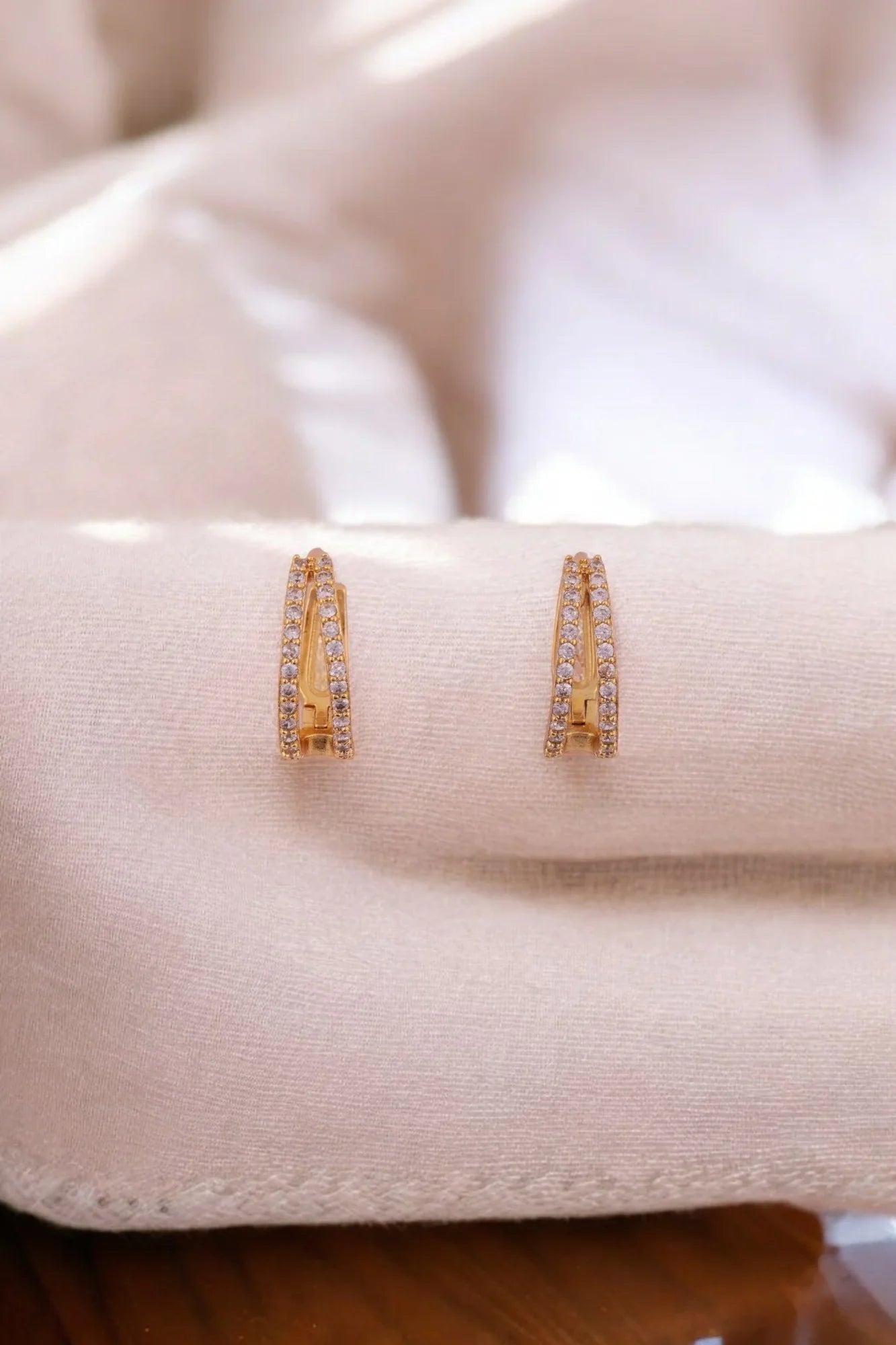 Dazzling Gold-Tone Double Row Crystal Huggie Earrings - Amulya Gems