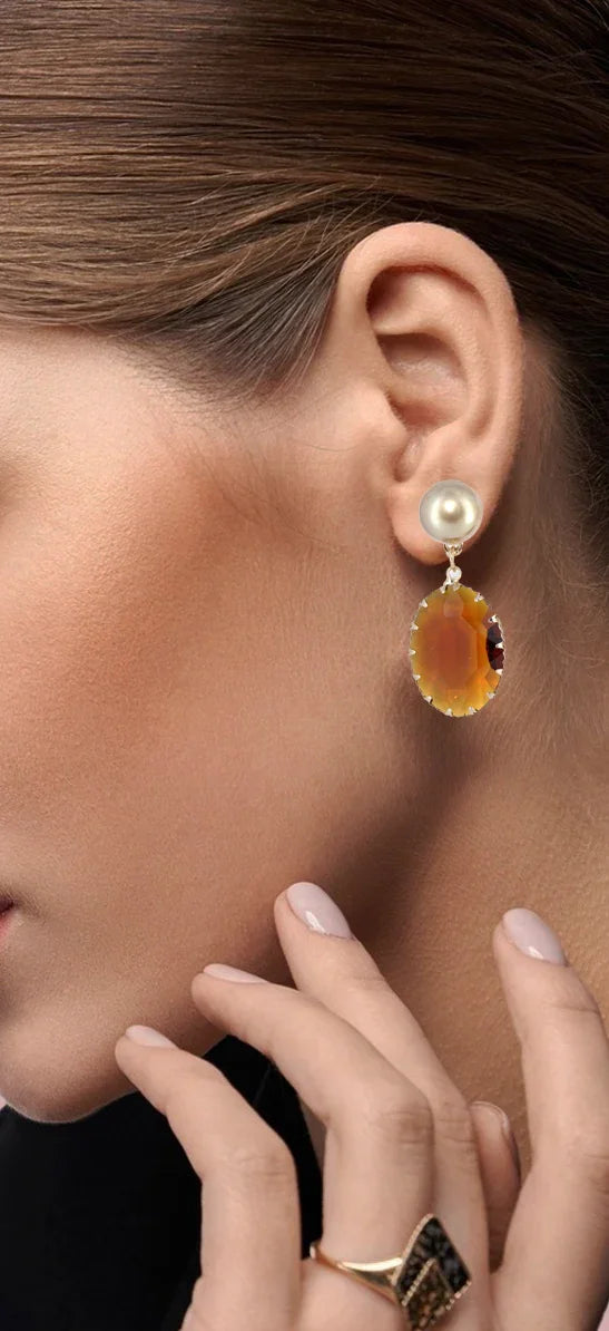 Amber Glow Pearl Drop Earrings - Amulya Gems