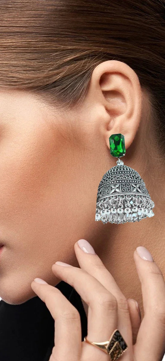 Royal Midnight Jhumka with Deep Green Stones - Amulya Gems