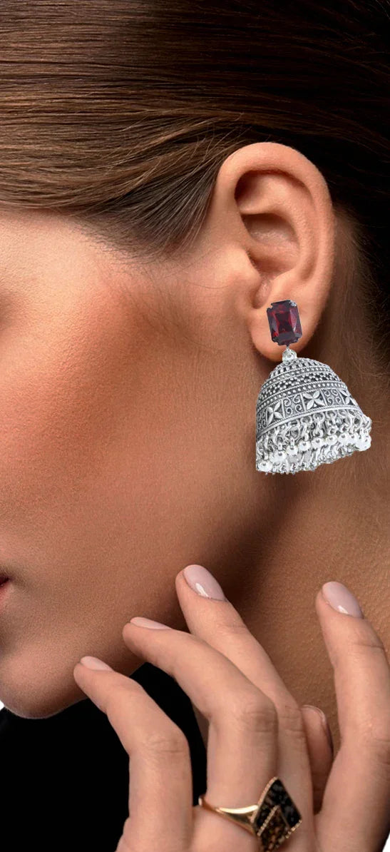 Royal Midnight Jhumka with Deep Red Stones - Amulya Gems