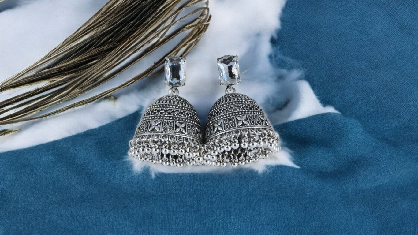Oxidized Silver Jhumka Earrings with White Stone Stud