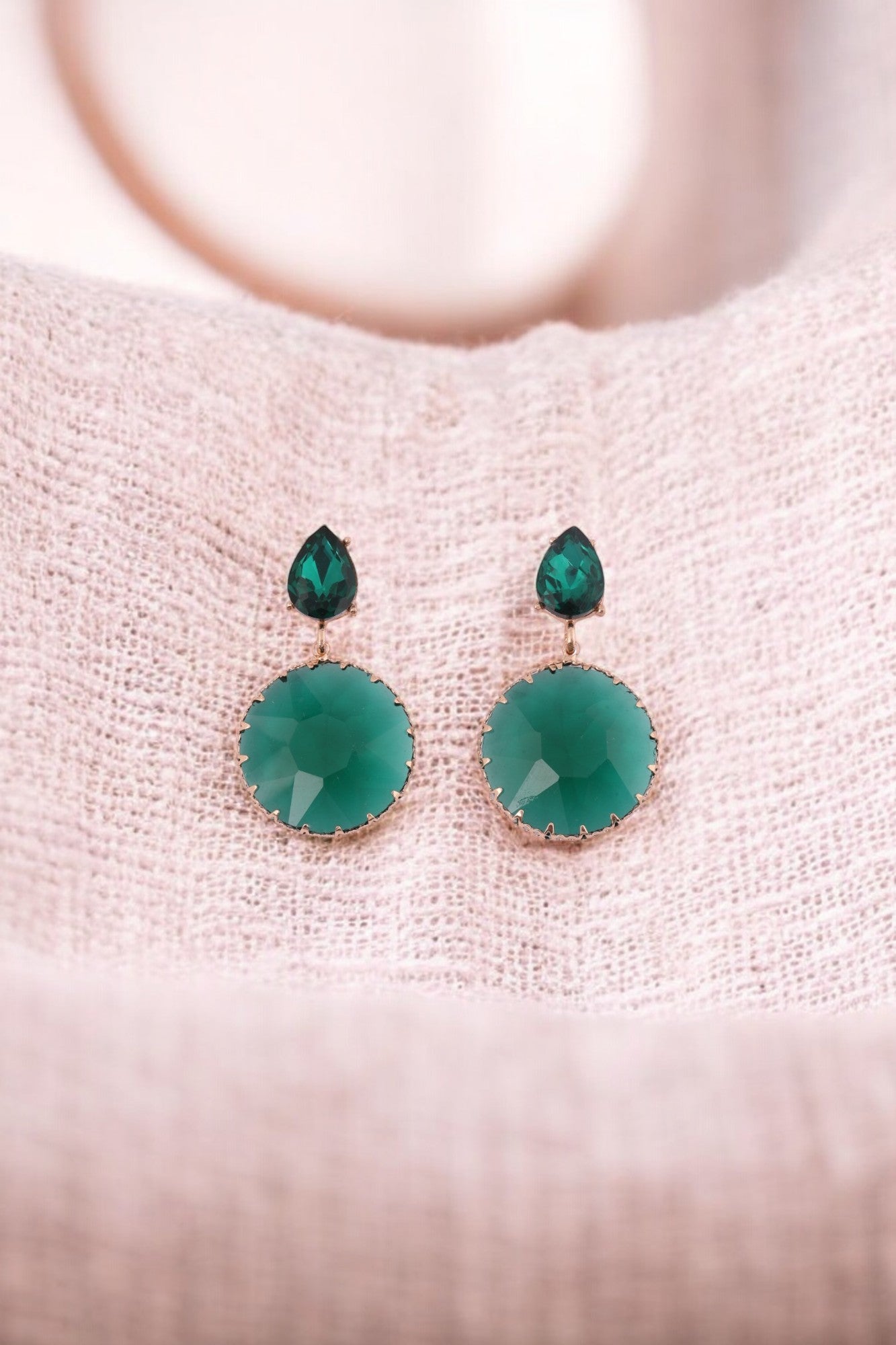 Emerald Green Teardrop and Round Drop Earrings - Amulya Gems