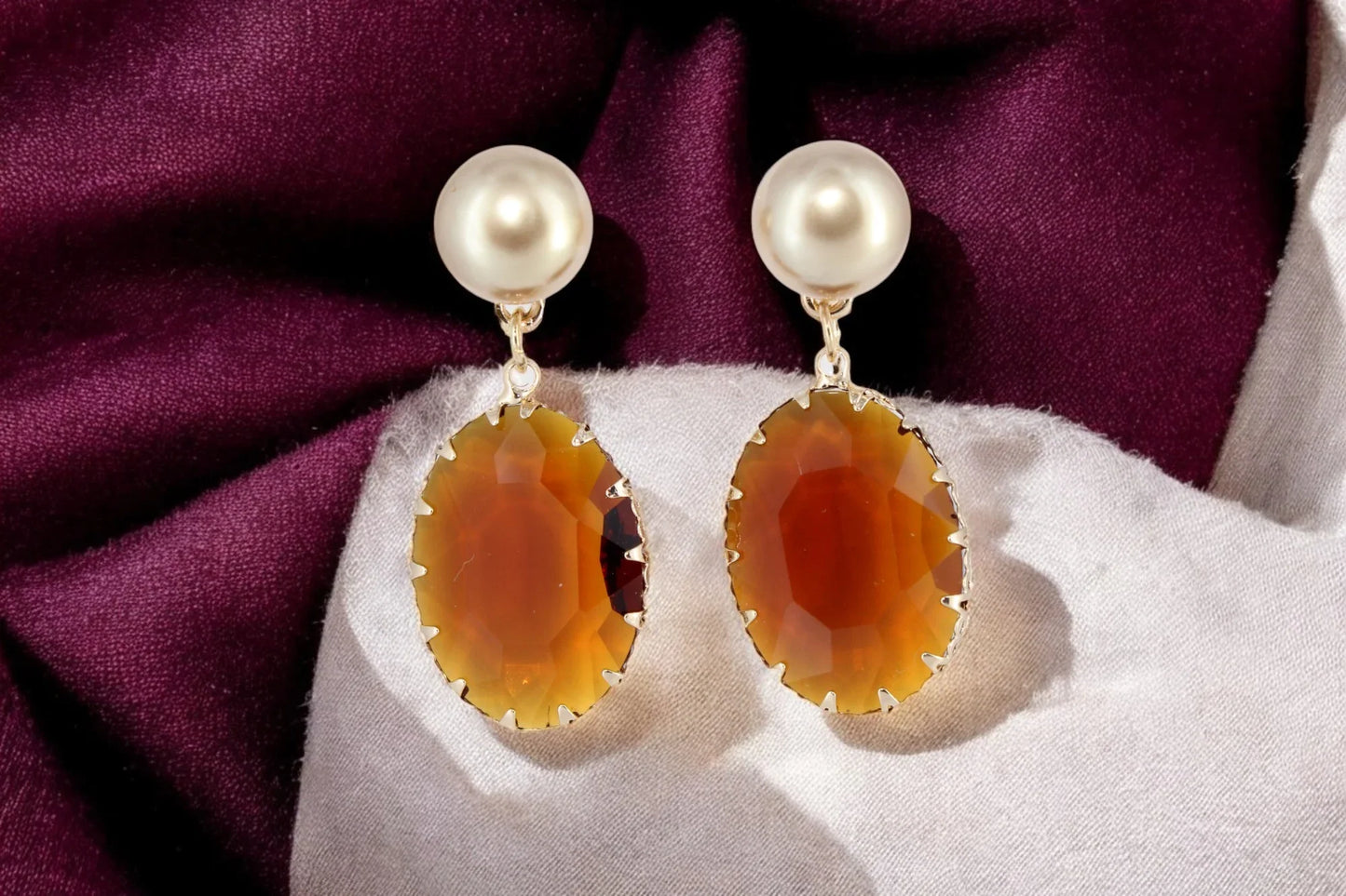 Amber Glow Pearl Drop Earrings - Amulya Gems