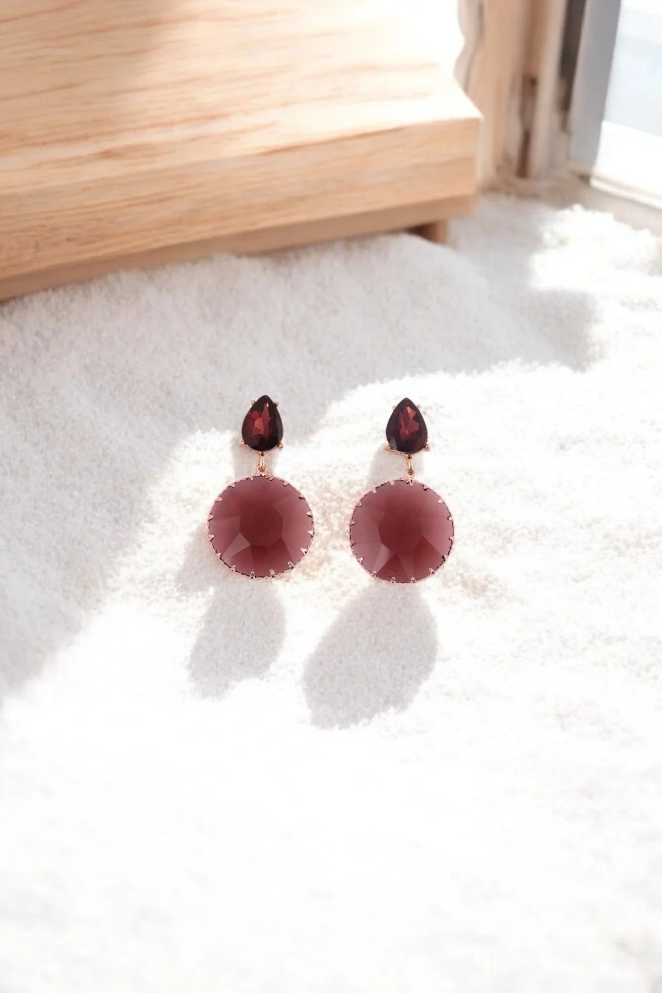 Garnet Red Teardrop and Round Drop Earrings - Amulya Gems