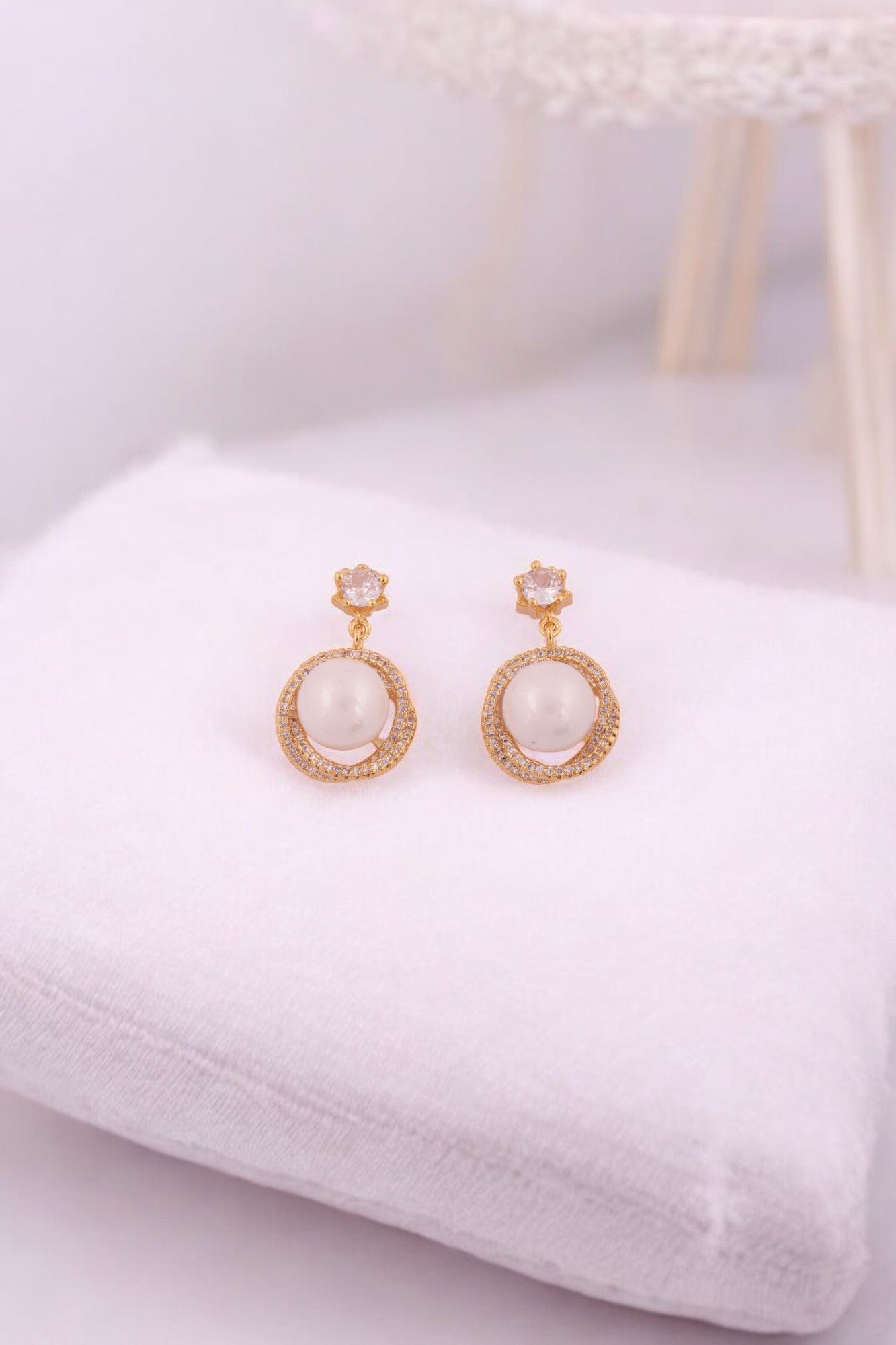 Elegant Pearl & Zircon Halo Drop Earrings - Amulya Gems