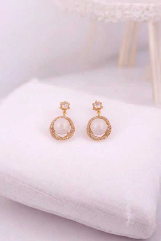 Elegant Pearl & Zircon Halo Drop Earrings - Amulya Gems