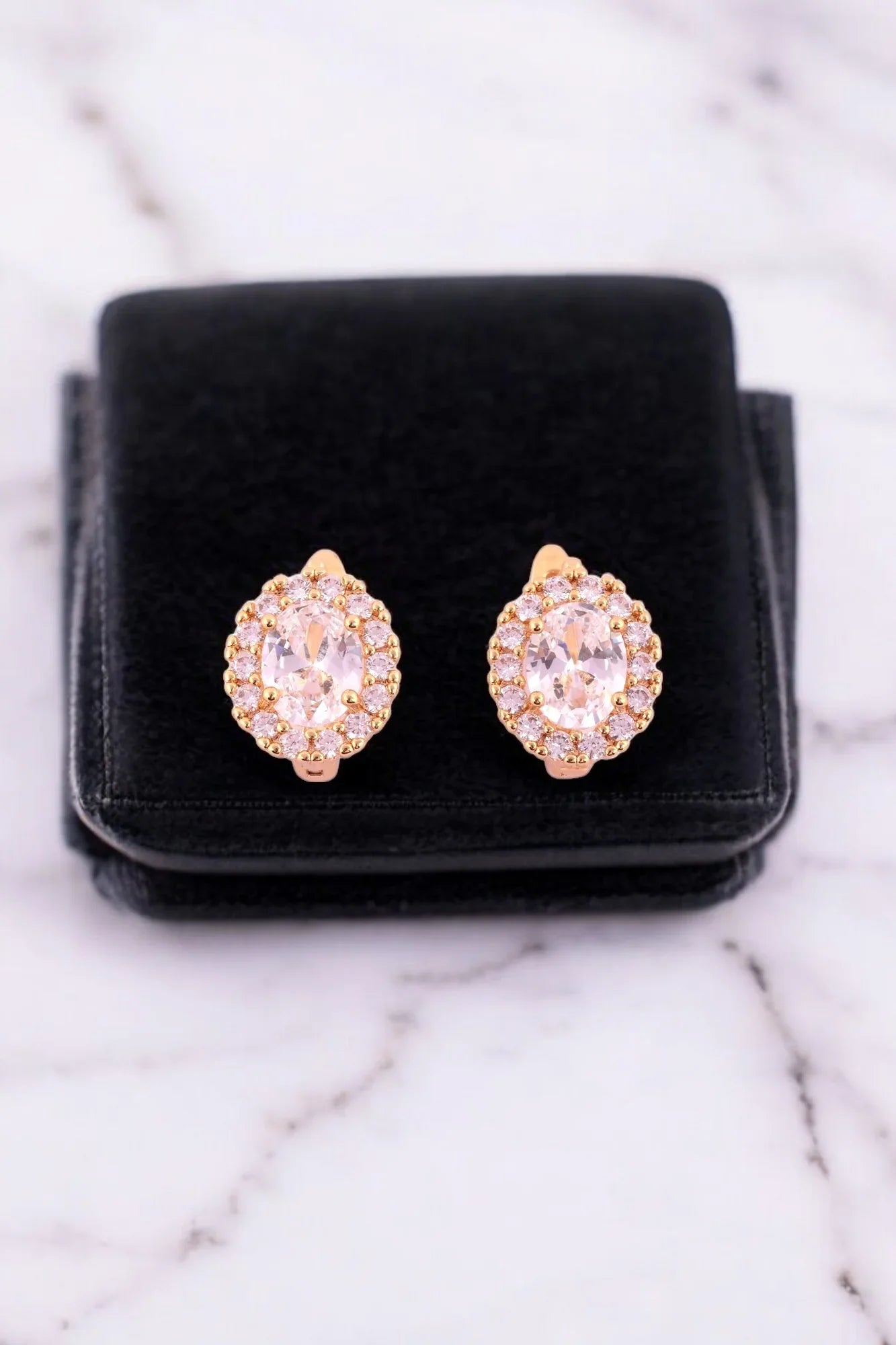 Gold-Tone Oval Halo Stud Earrings with Sparkling Crystal Center - Amulya Gems