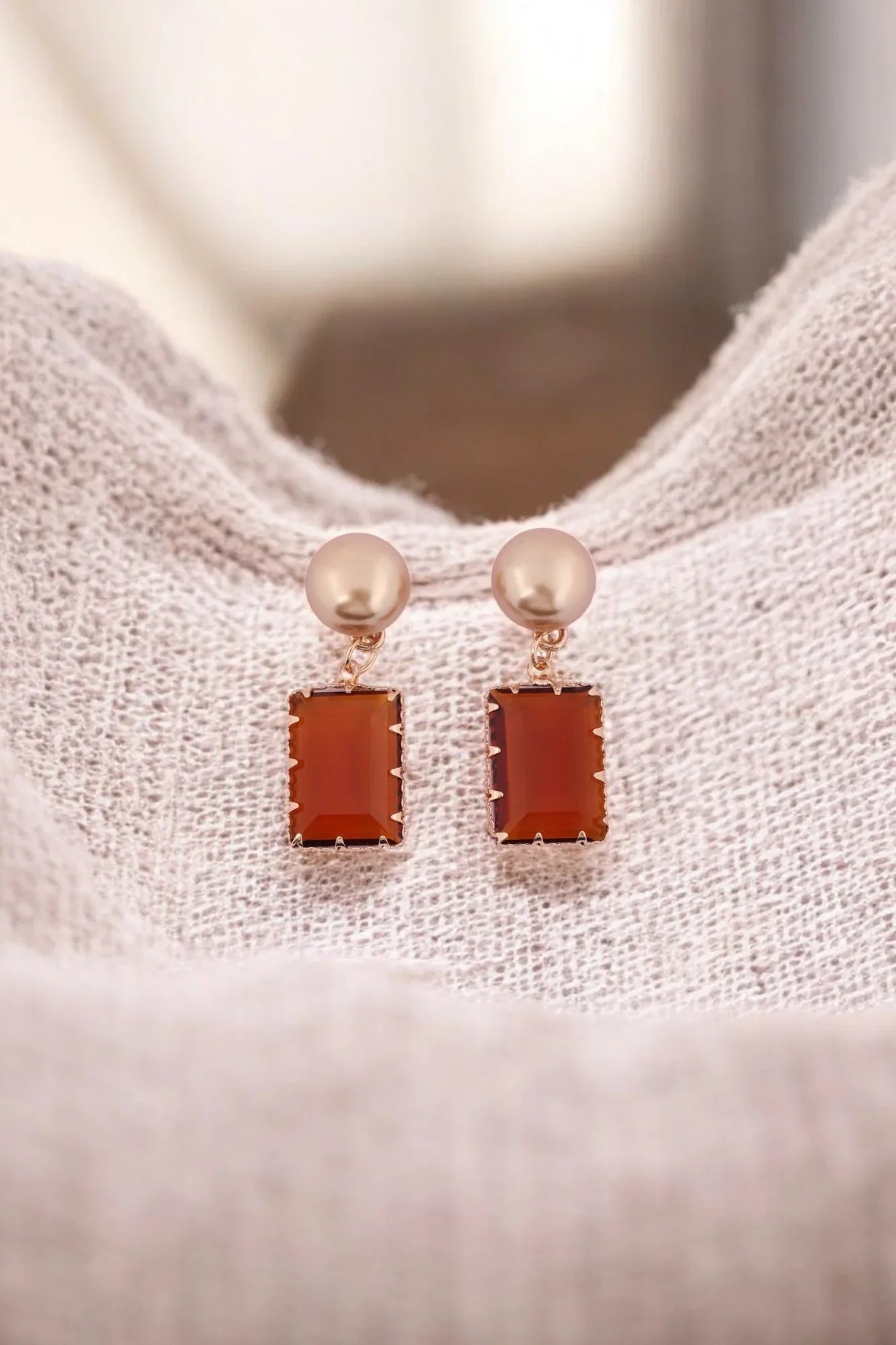 Elegant Rose Gold & Amber Drop Earrings - Amulya Gems