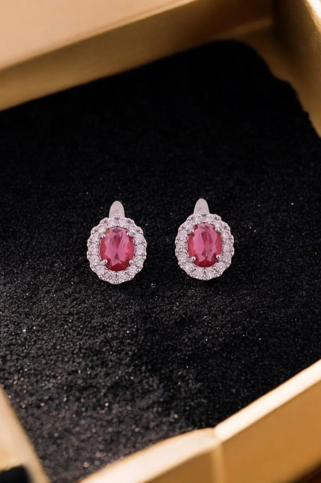 Elegant Oval Ruby Red Stone Earrings with Crystal Halo - Amulya Gems