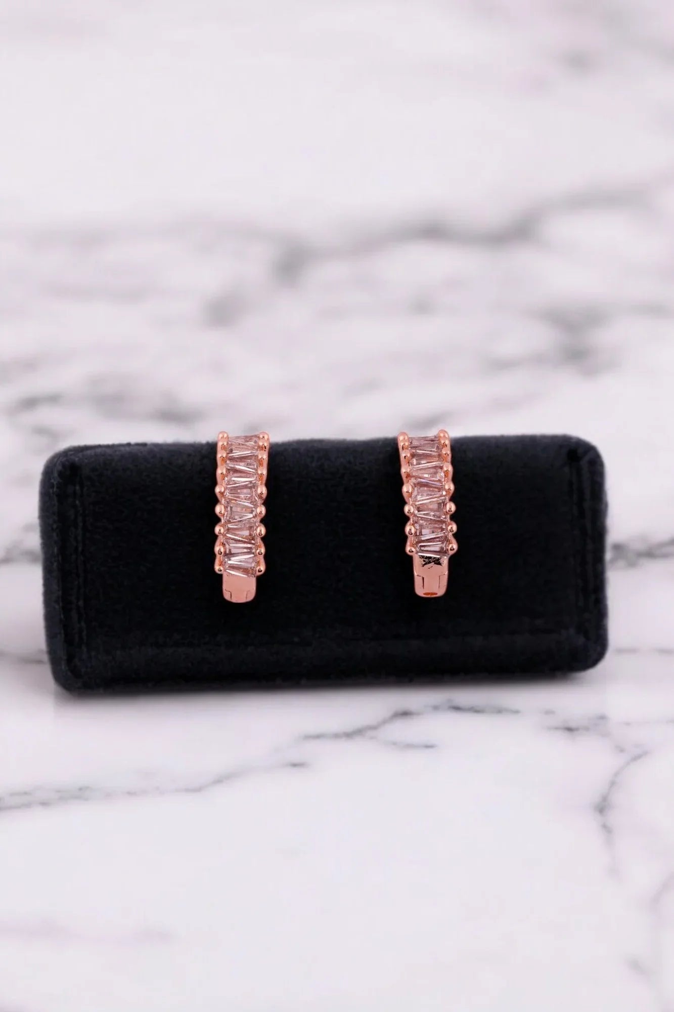 Sleek Rose Gold Baguette Crystal Stud Earrings - Amulya Gems