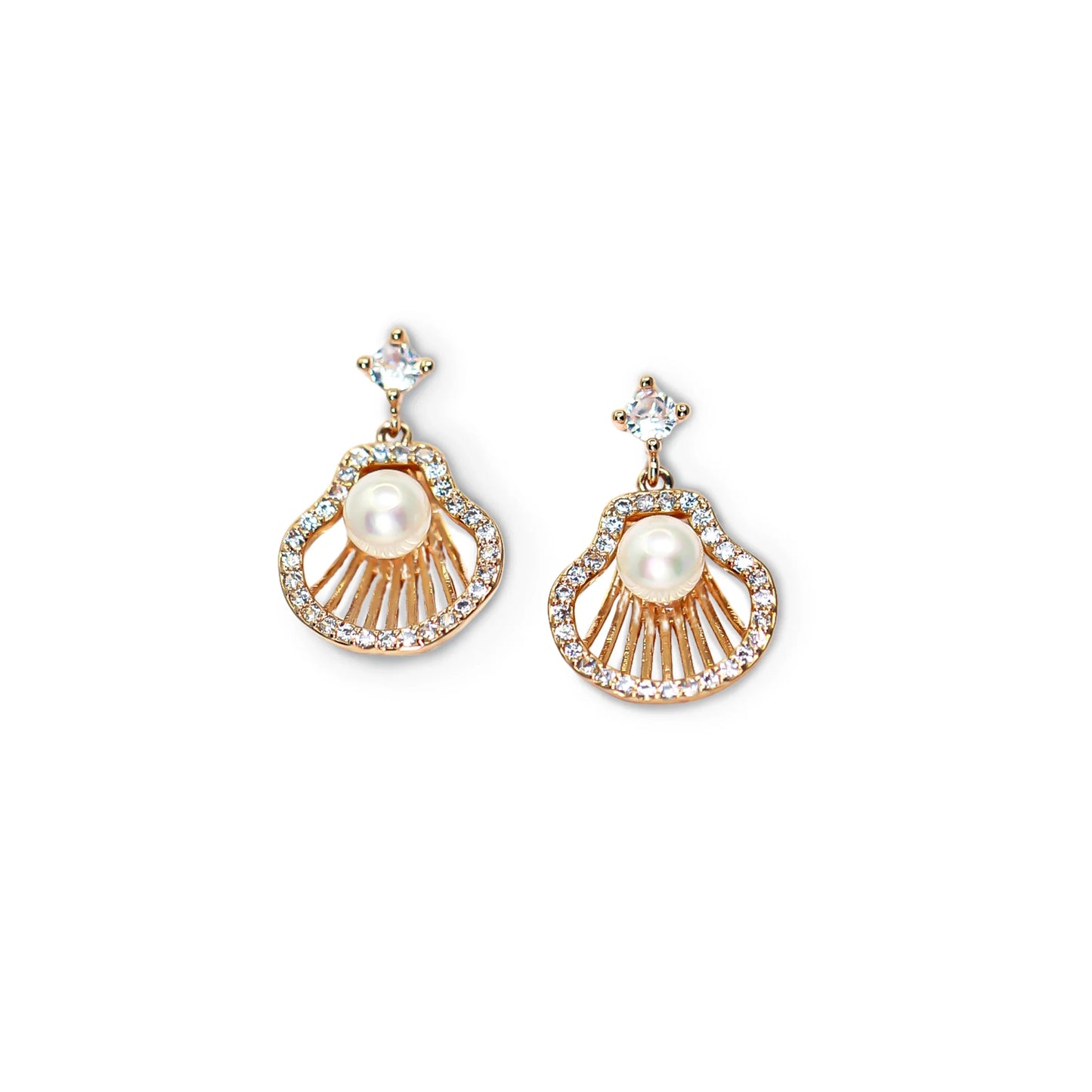 Seashell Pearl Drop Rose Gold Earrings - Amulya Gems