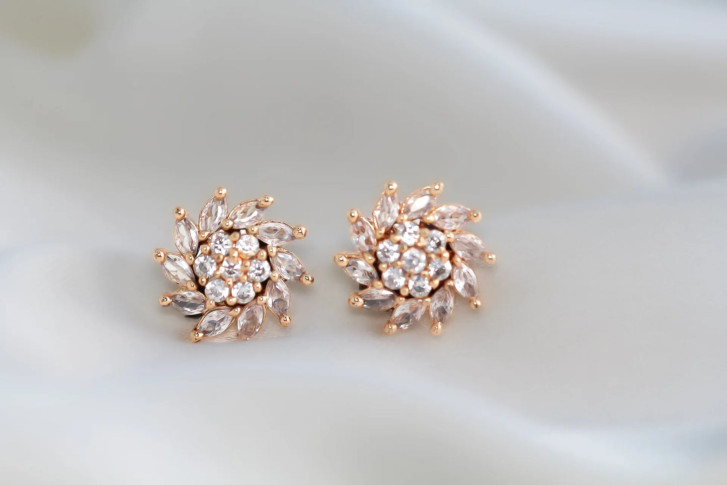 White Floral Cluster Rose Gold Stud Earrings - Amulya Gems