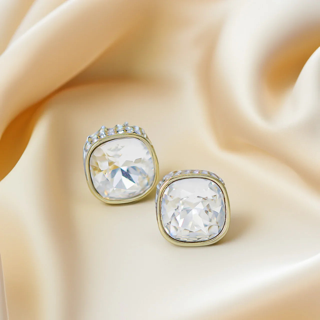Icy Cushion Gold Plated Stud Earrings - Amulya Gems