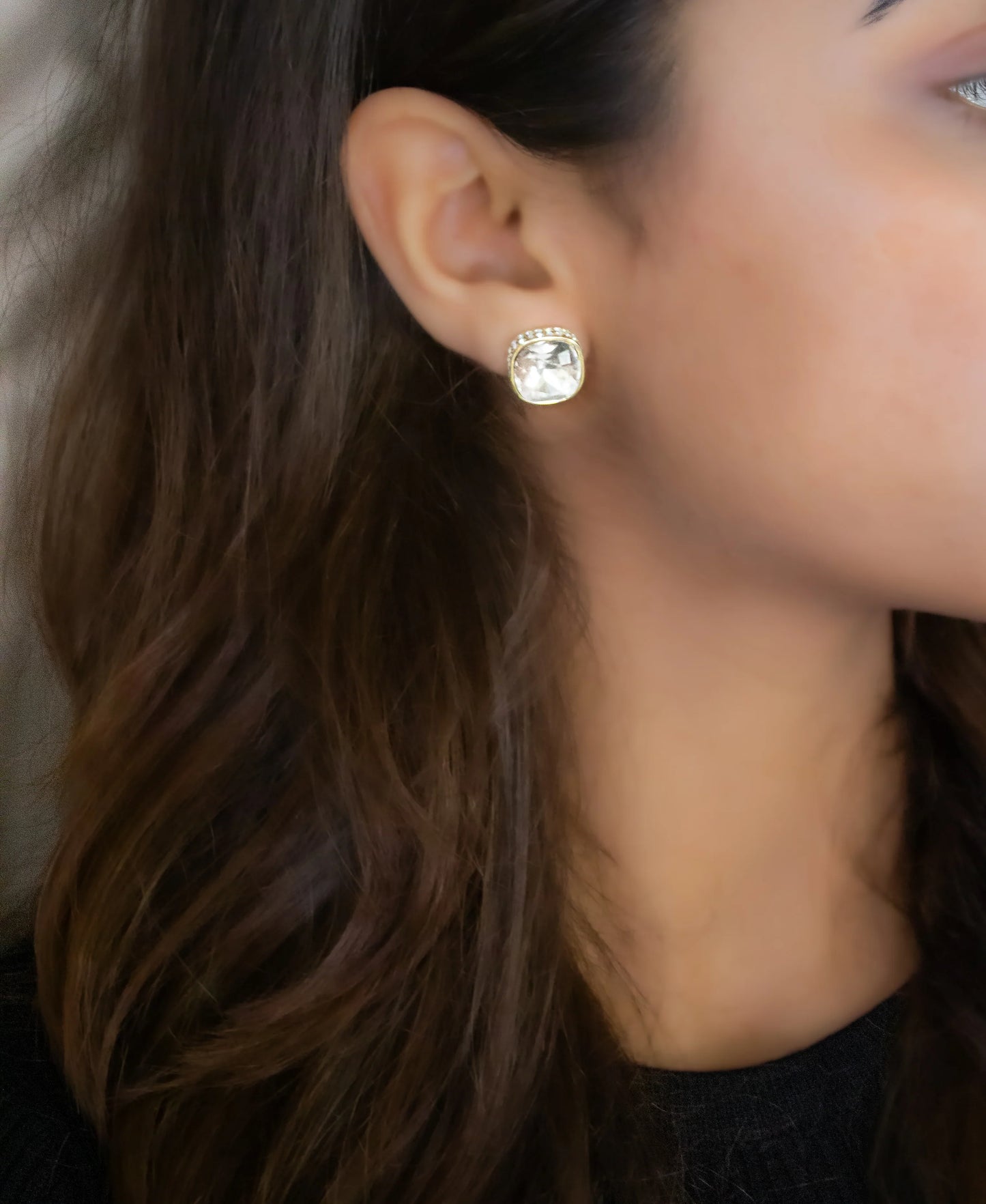 Icy Cushion Gold Plated Stud Earrings - Amulya Gems