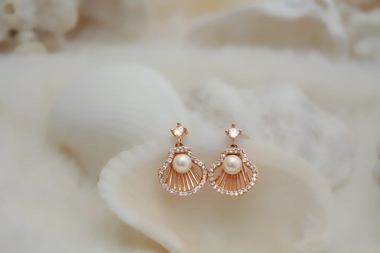 Seashell Pearl Drop Rose Gold Earrings - Amulya Gems