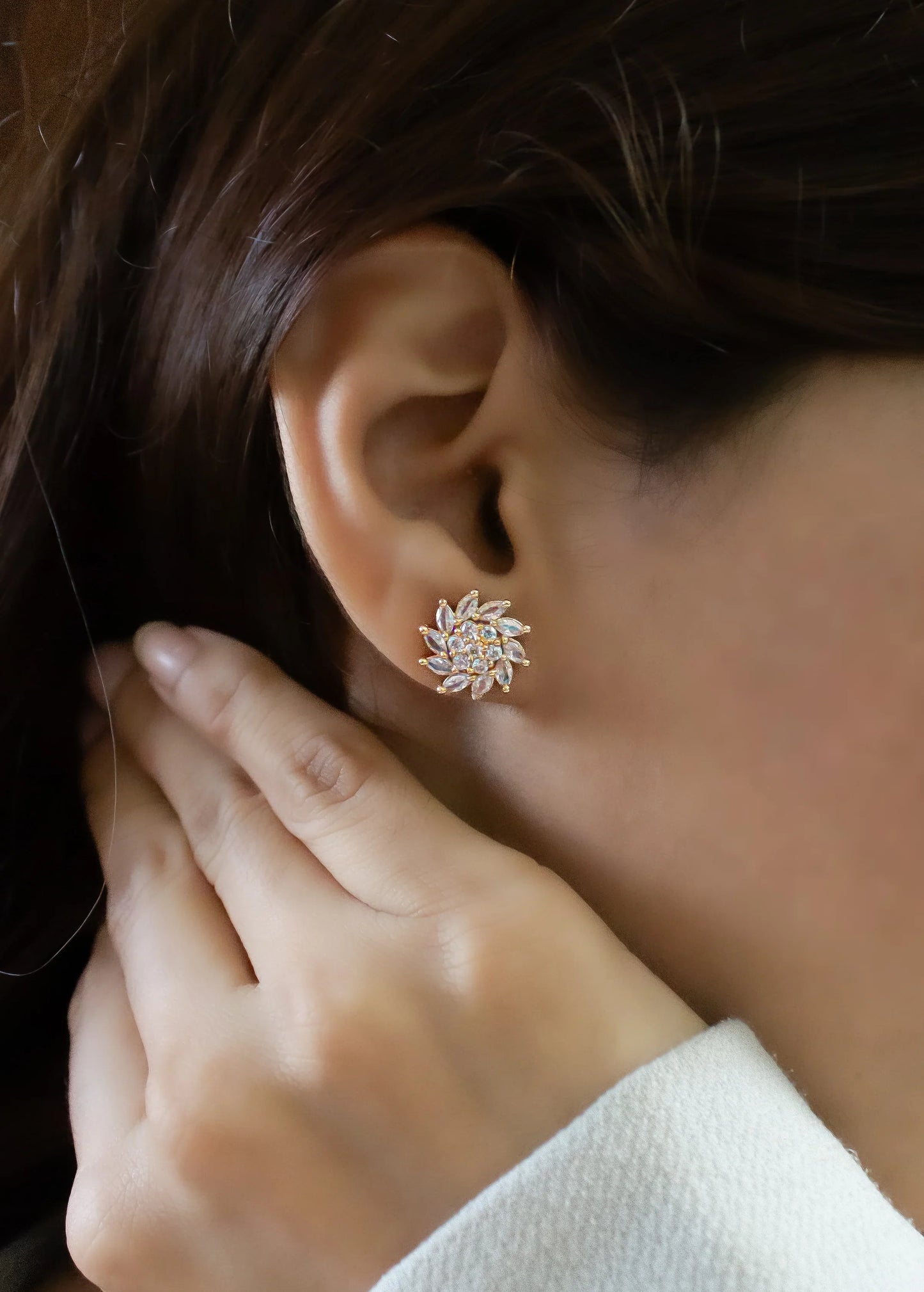 White Floral Cluster Rose Gold Stud Earrings - Amulya Gems