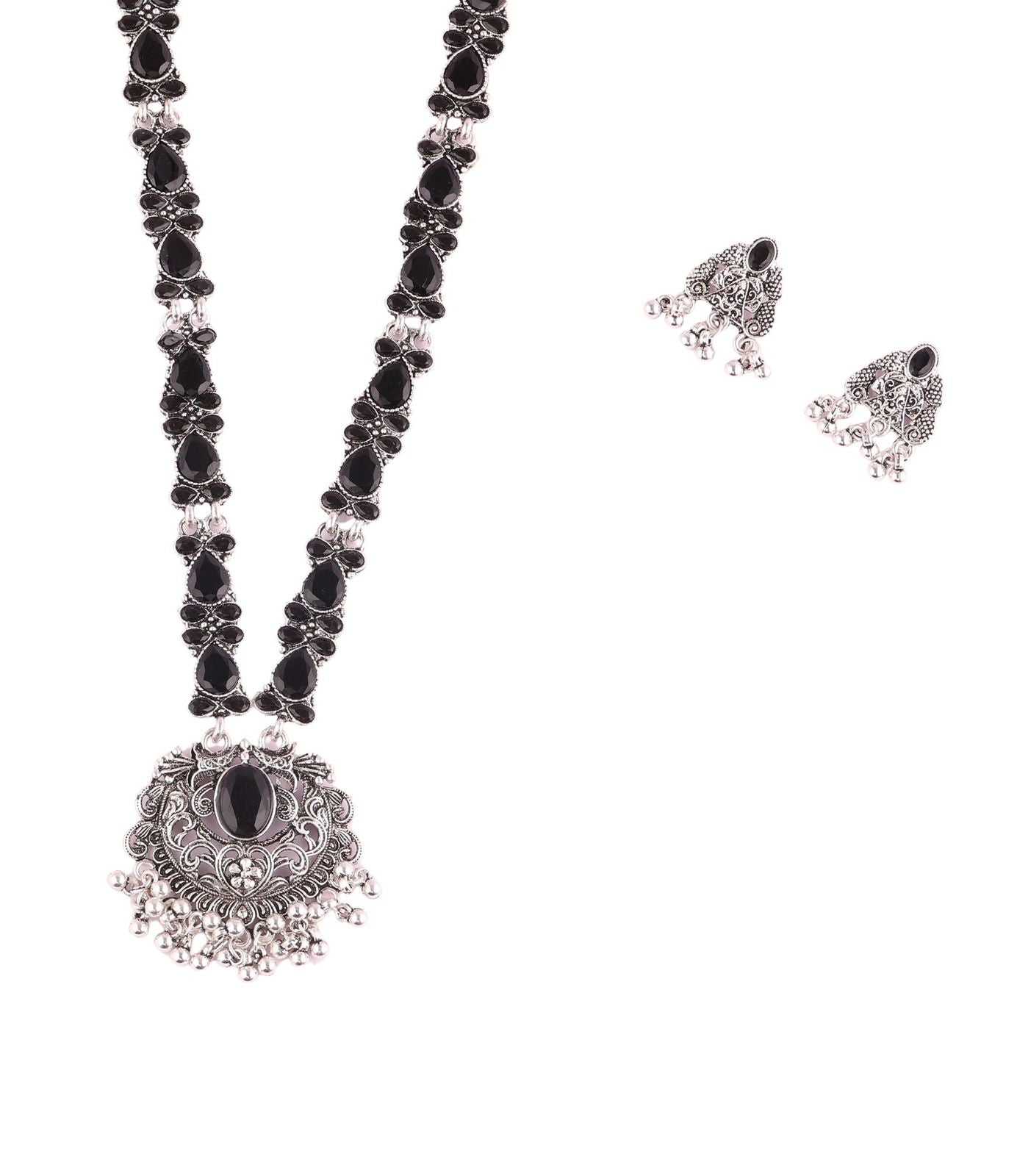 Black Stone Antique Silver Necklace Set - Amulya Gems