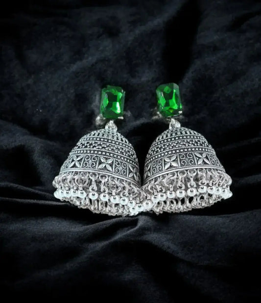 Royal Midnight Jhumka with Deep Green Stones