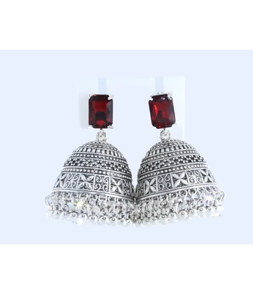 Royal Midnight Jhumka with Deep Red Stones