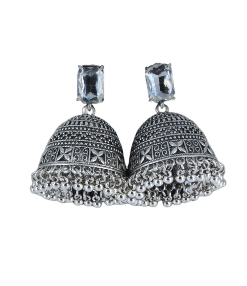 Oxidized Silver Jhumka Earrings with White Stone Stud