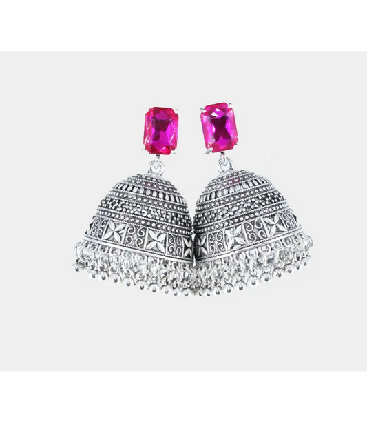 Royal Midnight Jhumka with Deep Pink Stones