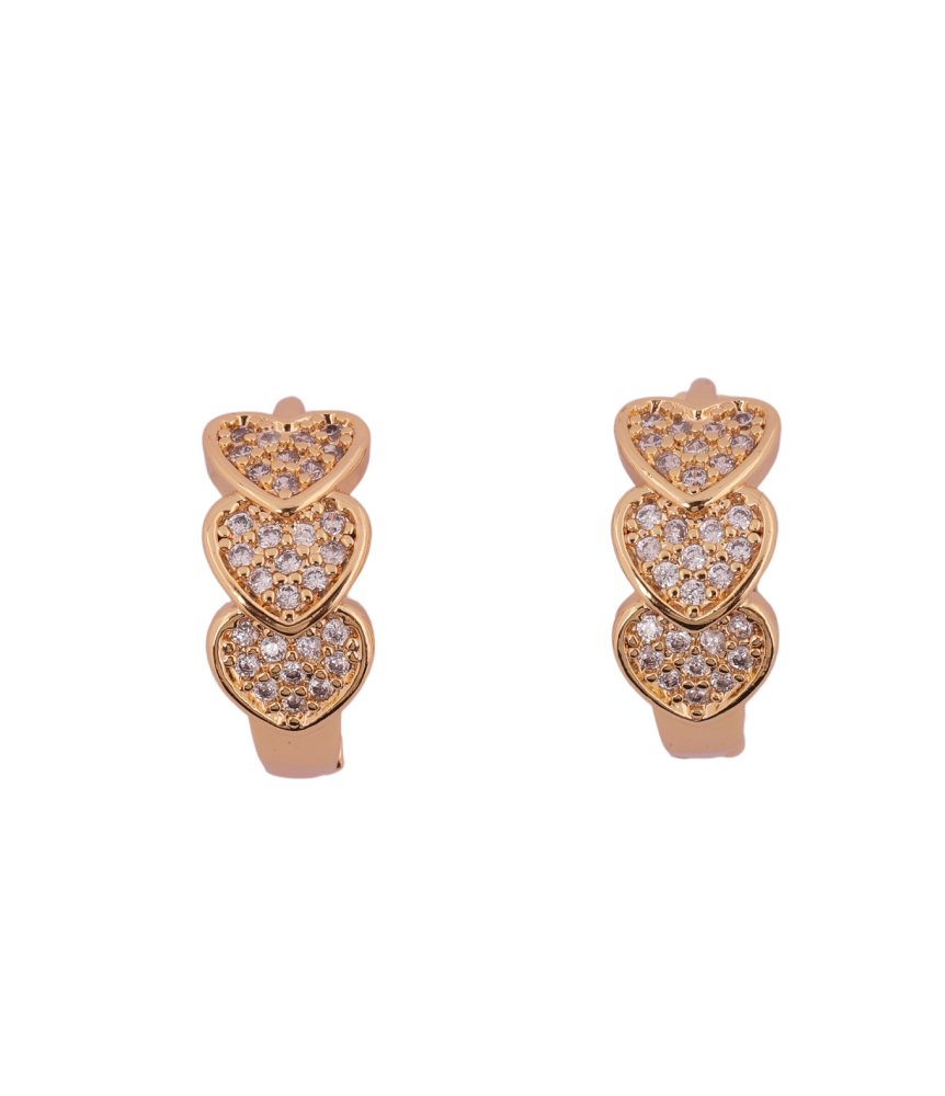 Elegant Gold-Tone Triple Heart Stud Earrings with Crystal Detailing