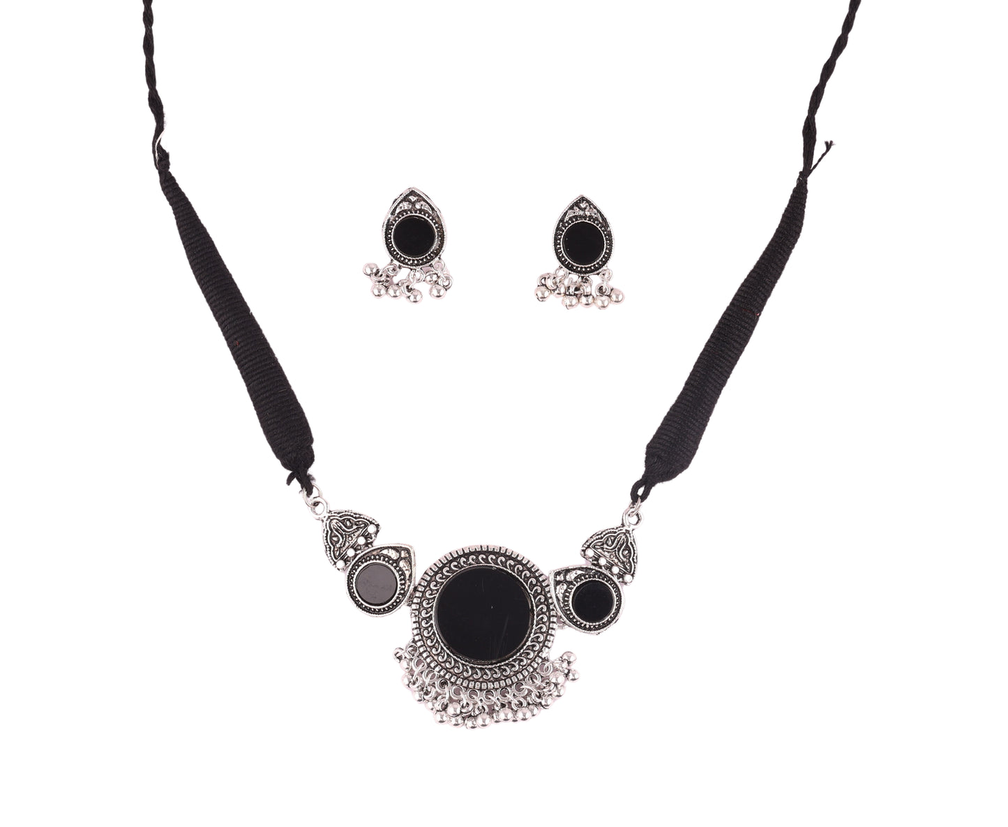 Oxidised Black Round Pendant Necklace Set - Amulya Gems