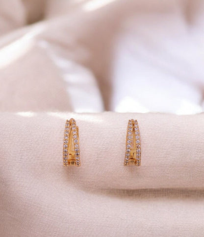 Dazzling Gold-Tone Double Row Crystal Huggie Earrings