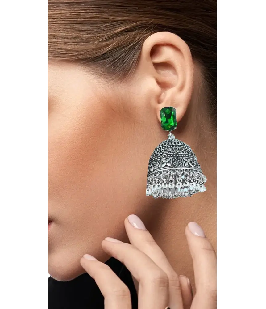 Royal Midnight Jhumka with Deep Green Stones