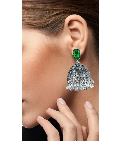Royal Midnight Jhumka with Deep Green Stones