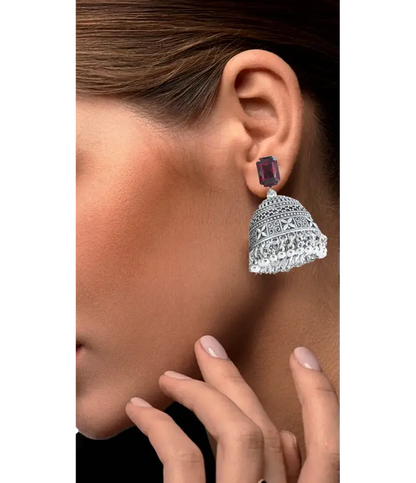 Royal Midnight Jhumka with Deep Red Stones