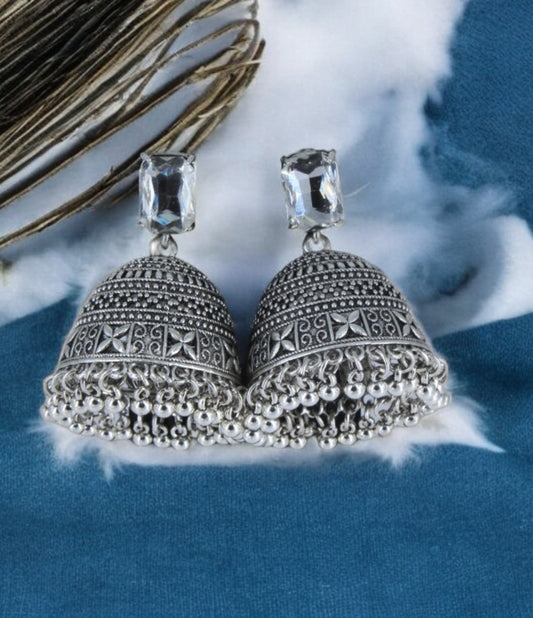 Oxidized Silver Jhumka Earrings with White Stone Stud