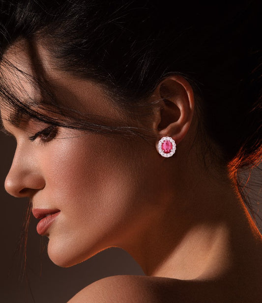 Elegant Oval Ruby Red Stone Earrings with Crystal Halo