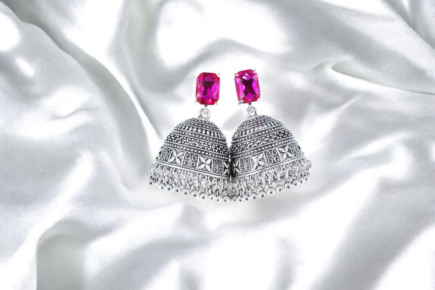 Royal Midnight Jhumka with Deep Pink Stones - Amulya Gems