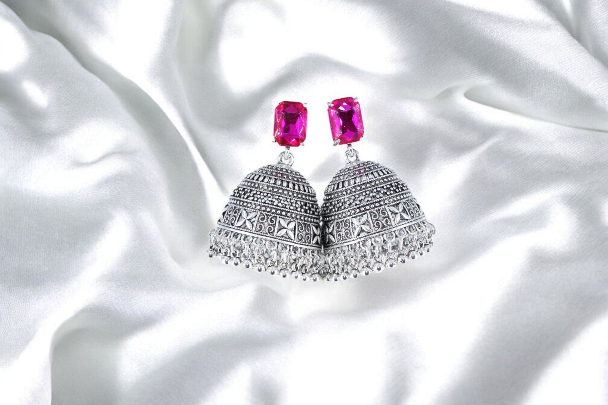 Royal Midnight Jhumka with Deep Pink Stones - Amulya Gems