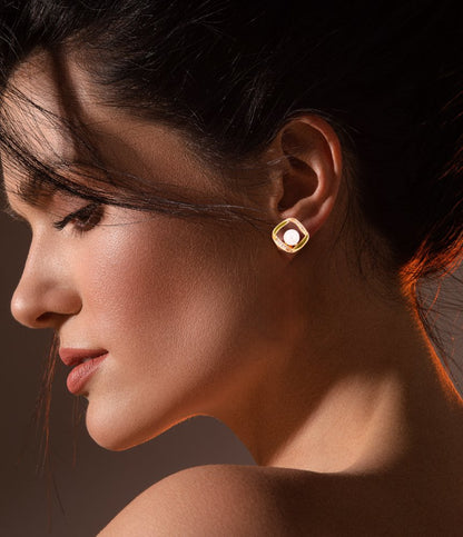 Graceful Pearl & Enamel Gold-Toned Stud Earrings