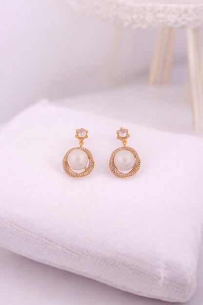 Elegant Pearl & Zircon Halo Drop Earrings - Amulya Gems