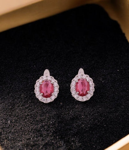 Elegant Oval Ruby Red Stone Earrings with Crystal Halo