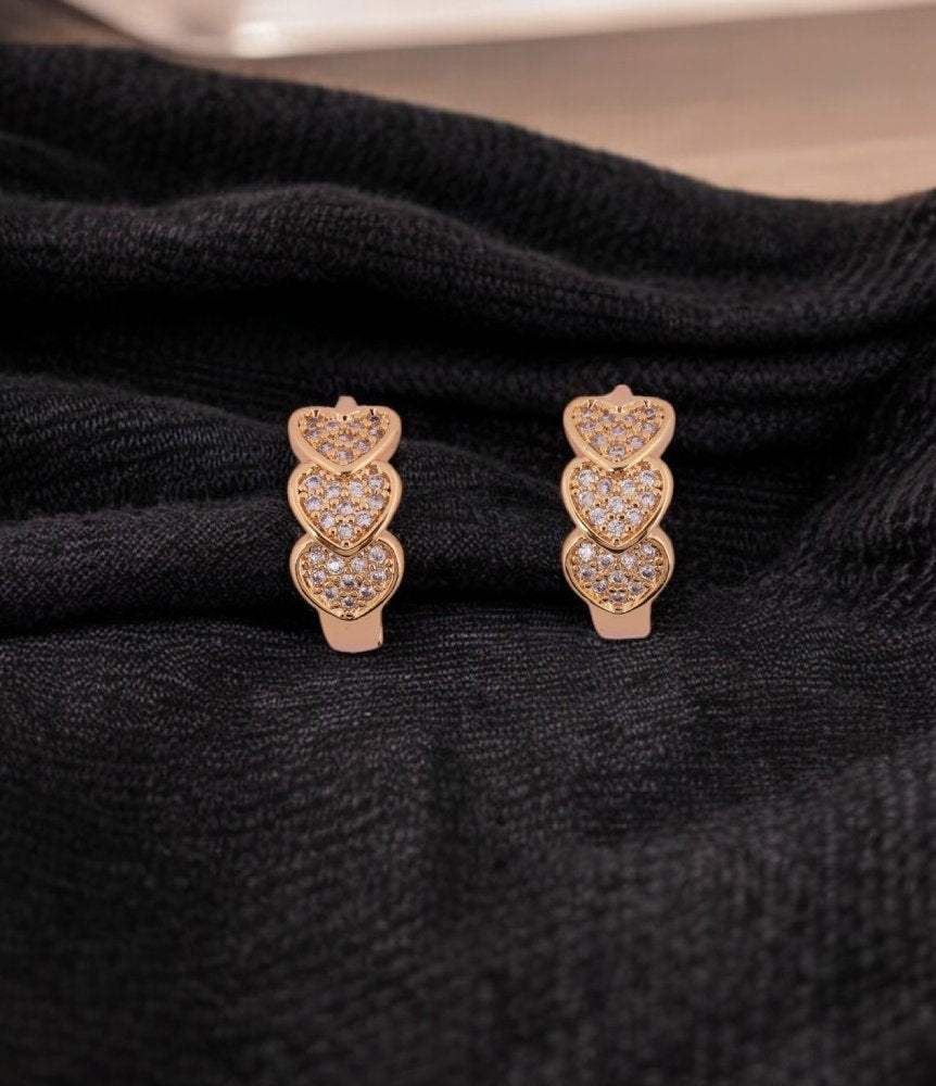 Elegant Gold-Tone Triple Heart Stud Earrings with Crystal Detailing