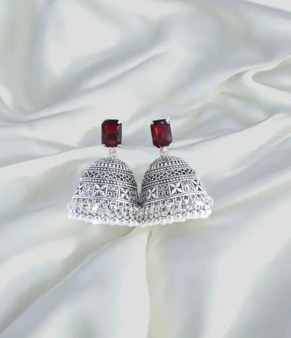 Royal Midnight Jhumka with Deep Red Stones
