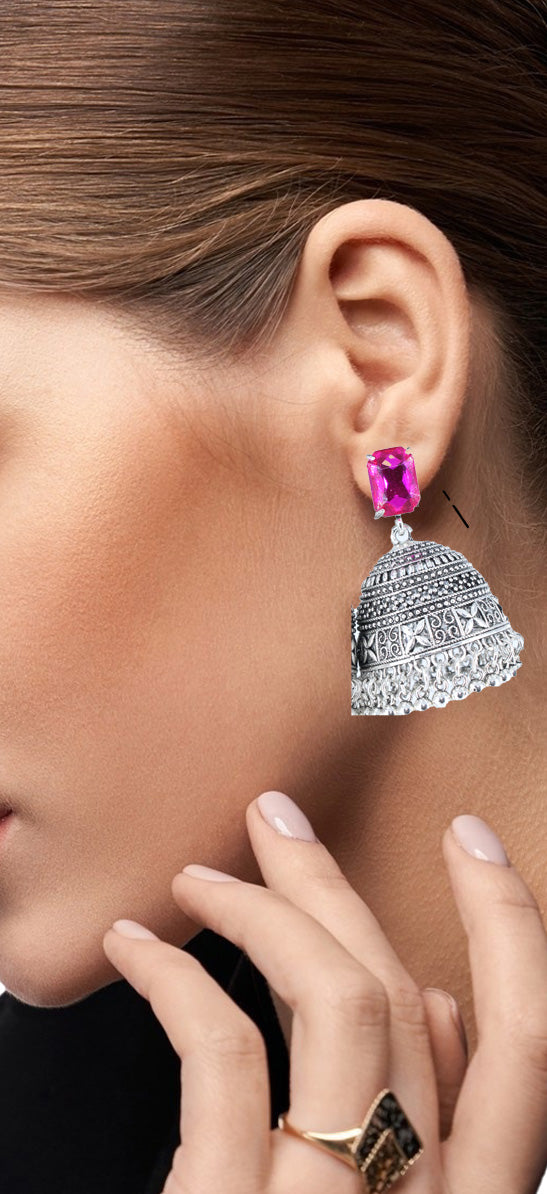 Royal Midnight Jhumka with Deep Pink Stones - Amulya Gems
