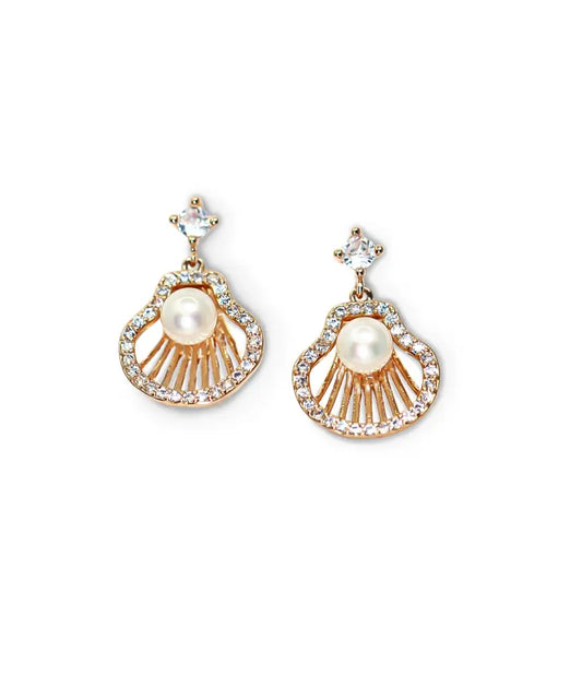 Seashell Pearl Drop Rose Gold Earrings